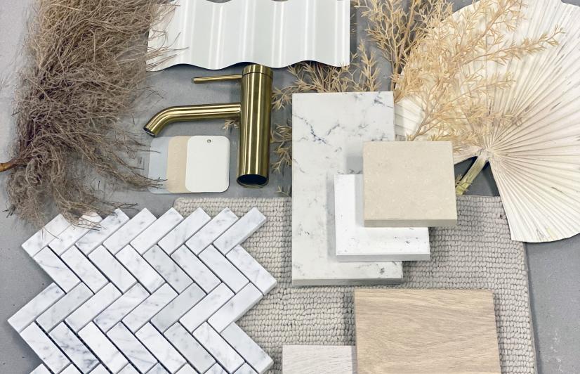 Pale Tones flatlay incorporating COLORBOND® steel. These pale tones are naturally inspired, light and equally at home on contemporary or heritage buildings. Photographer: Liam Worthington
