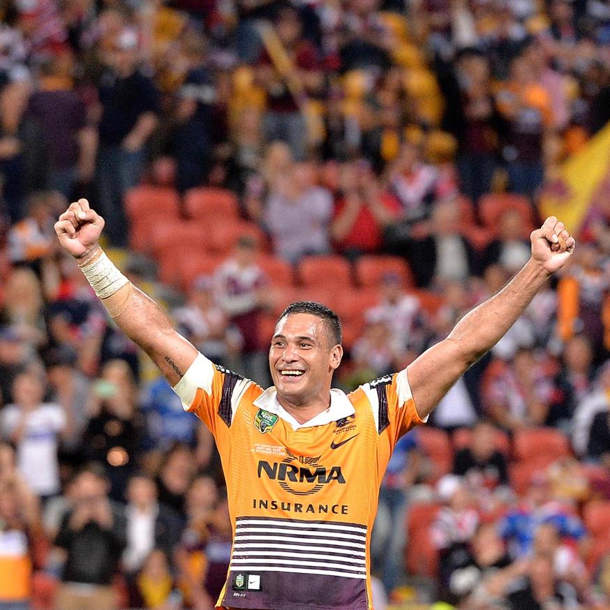 Justin Hodges of the Broncos celebrates victory after the NRL First Preliminary Final