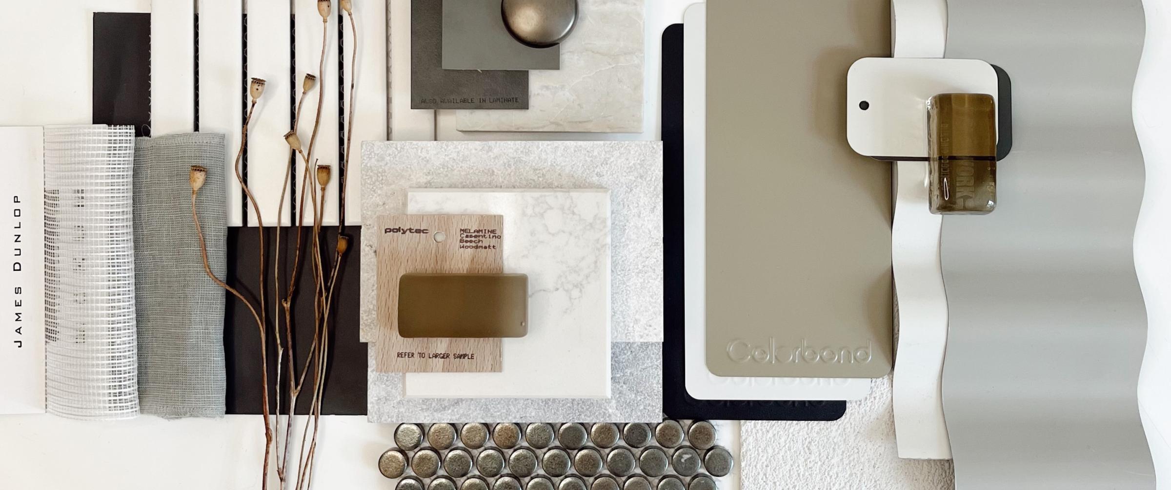 Eloise Meaney, Junior Interior Architect at Scott Salisbury Homes, SA Flatlay palette that features COLORBOND® steel in Cove®, Surfmist®, Monument® and Dune®.  Photographer:  Anna Kelly