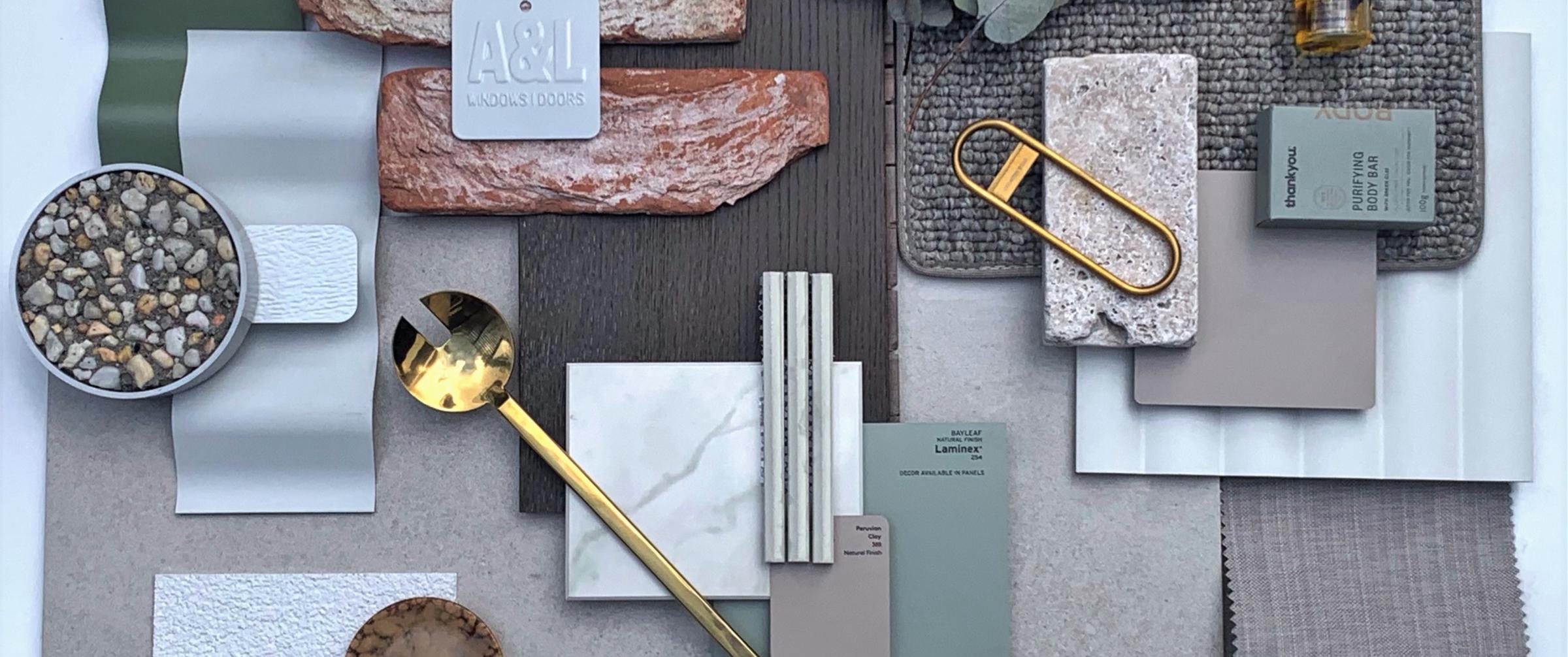 Bridie Spillane, Interior Design Consultant, Henley Homes, VIC, FLATLAY featuring COLORBOND® steel Surfmist® Matt & Pale Eucalypt®.