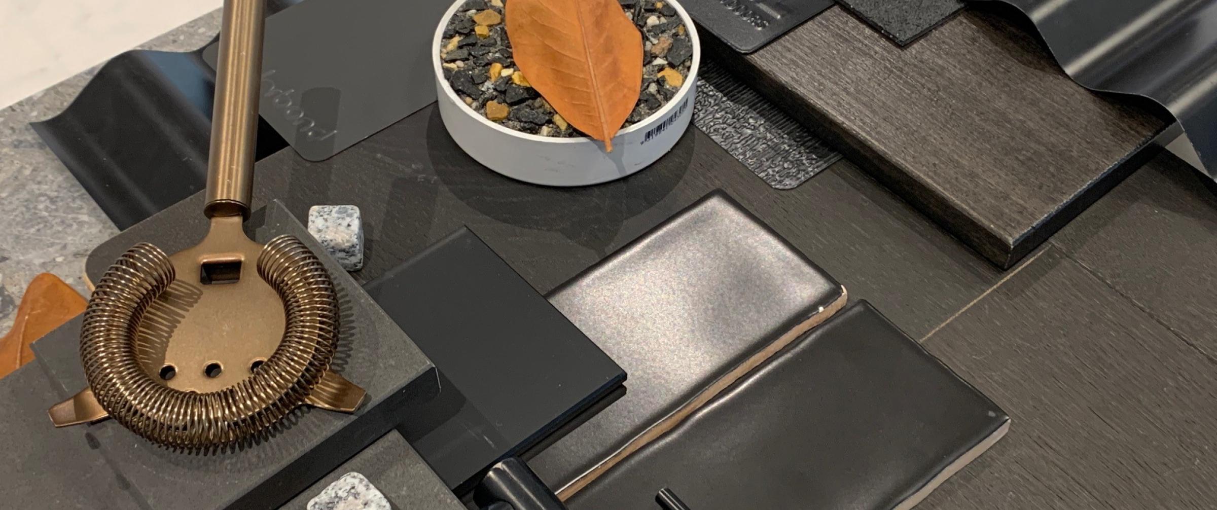 Deep Tones flatlay incorporating COLORBOND® steel. Deep tones, bold and dark, are increasingly popular in both urban and rural locations. Photographer: Isabella Grlj