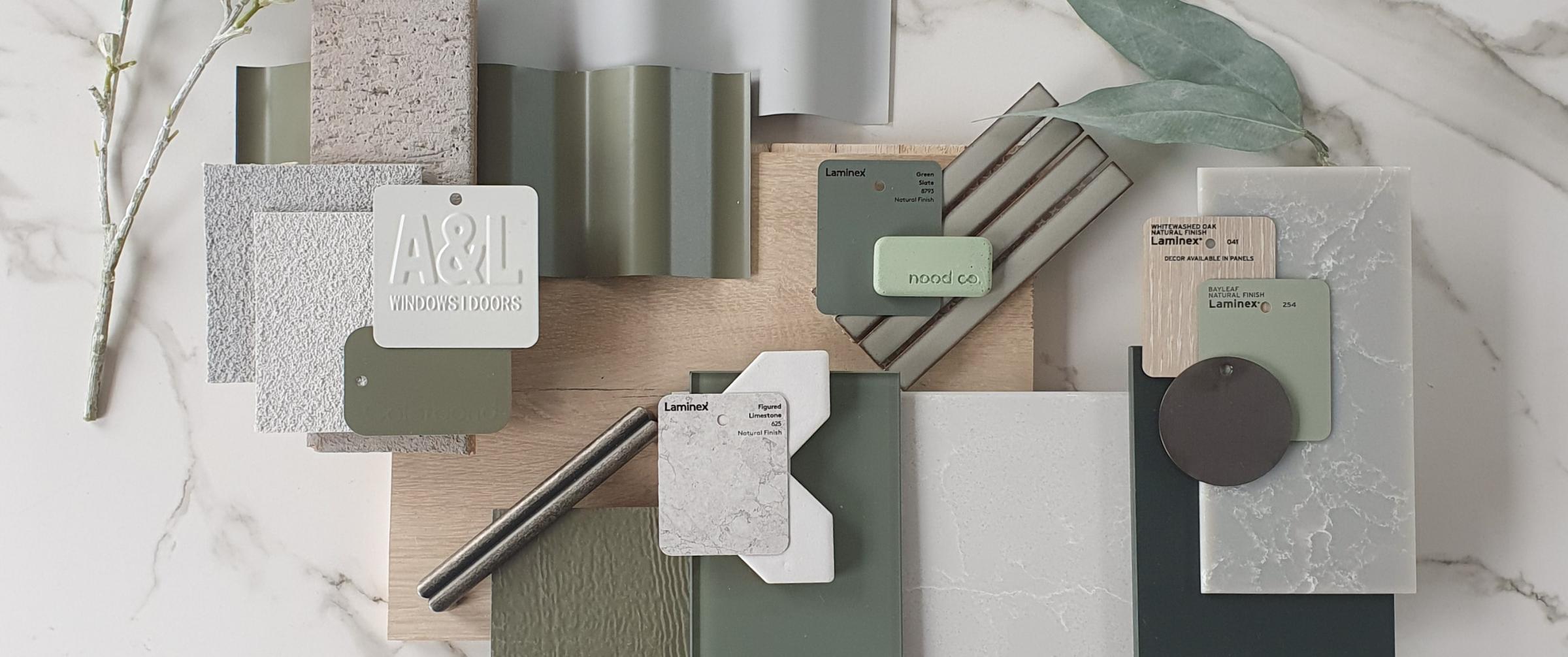 Flatlay incorporating COLORBOND® steel colours. A calming oasis inspired by the textures and colours of world around it. Flatlay: Rebecca Brown, Interior Designer at Burbank Homes, VIC