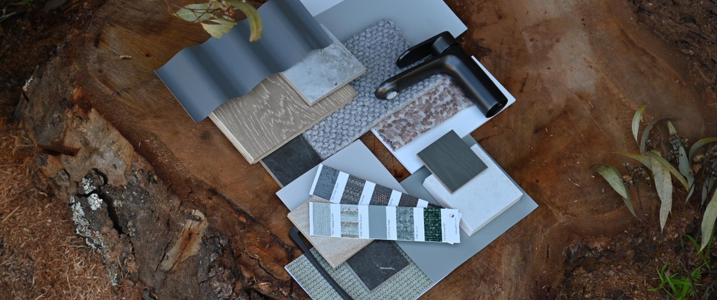 Flatlay incorporating COLORBOND® steel colours. Naturally inspired and evocative, these earthy mid tones pay tribute to our country’s quintessential palette and blend beautifully with the landscape. Photographer: Sandra Gage