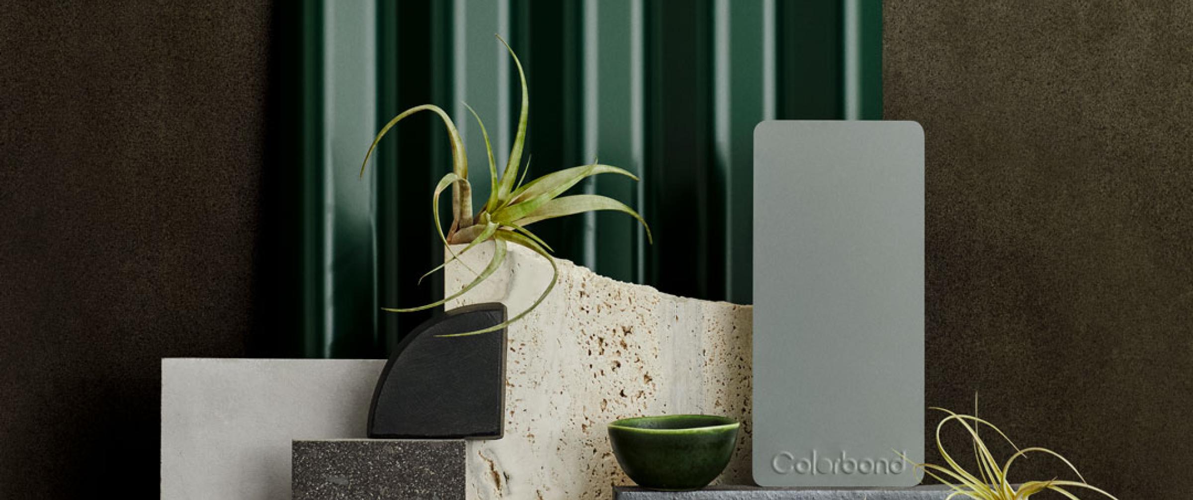 COLORBOND® steel flatlay in the colours Cottage Green® and Windspray®