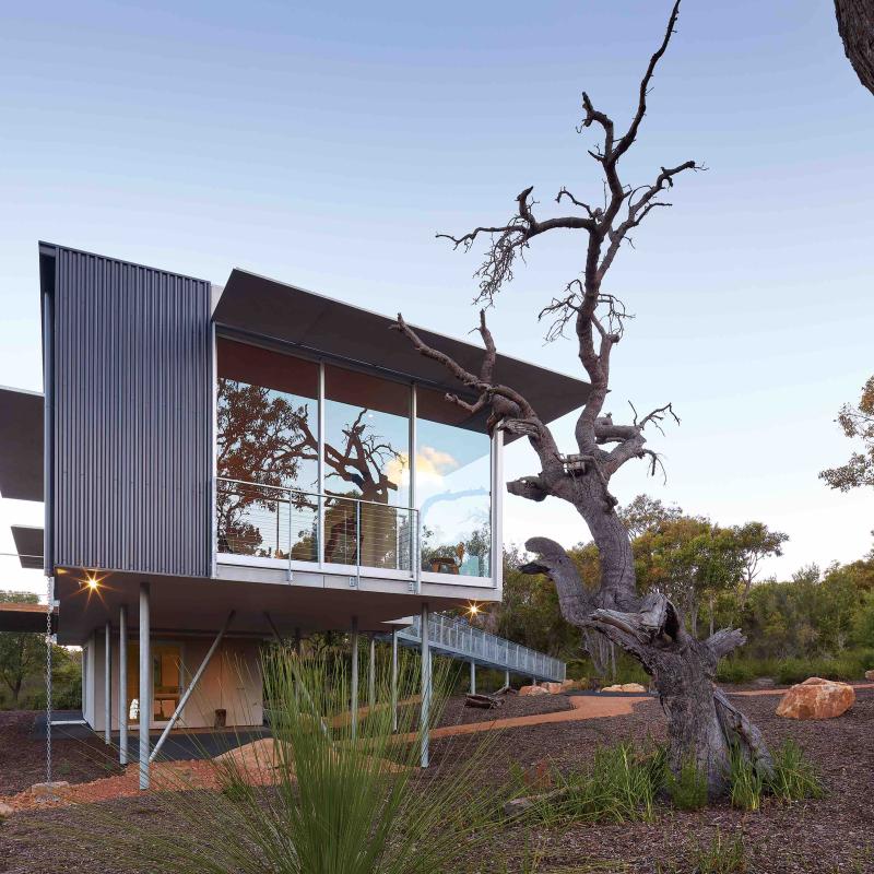 COLORBOND® steel Monument® (cladding) and COLORBOND® steel Shale Grey® (roofing, not shown) in LYSAGHT SPANDEK® (cladding) and LYSAGHT TRIMDEK® (roofing) profiles. 