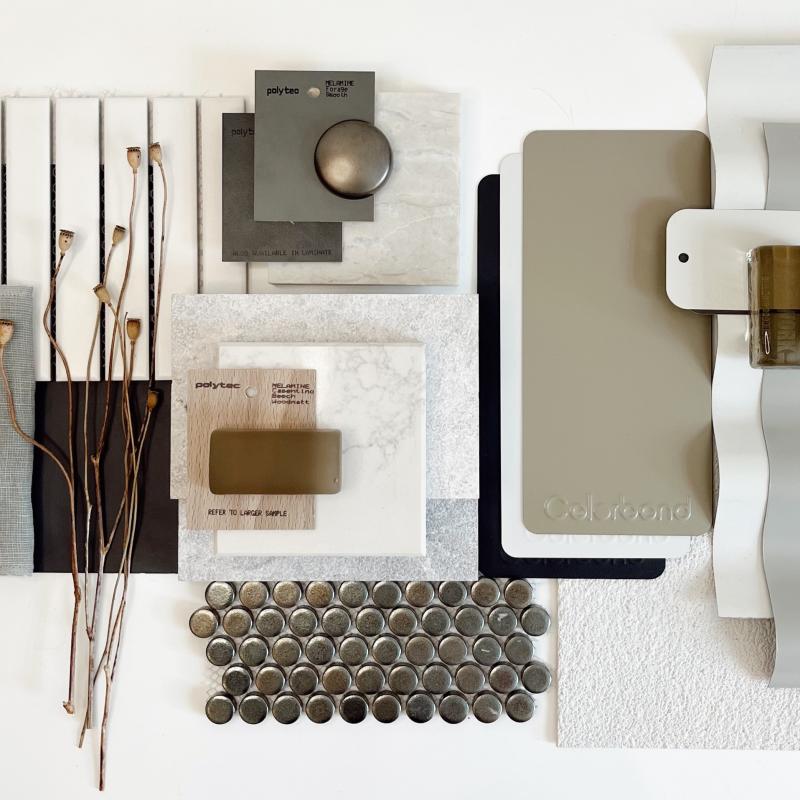 Eloise Meaney, Junior Interior Architect at Scott Salisbury Homes, SA Flatlay palette that features COLORBOND® steel in Cove®, Surfmist®, Monument® and Dune®.  Photographer:  Anna Kelly