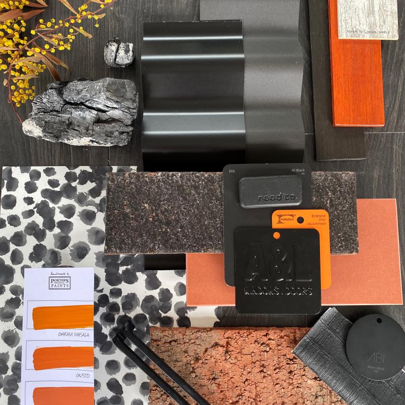 Deep Tones flatlay incorporating COLORBOND® steel. Deep tones, bold and dark, are increasingly popular in both urban and rural locations. Photographer: Charlotte Cole