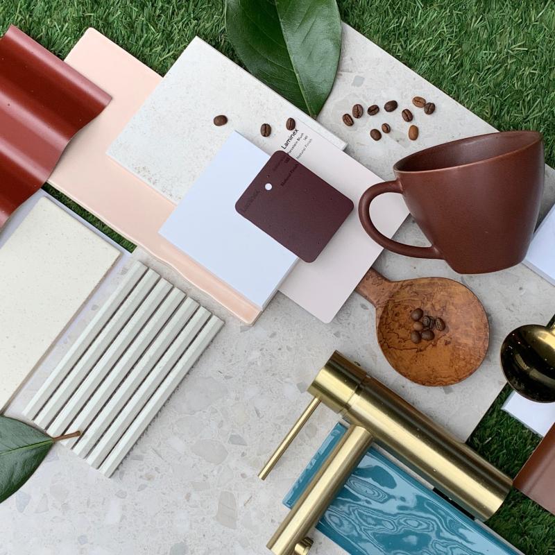 Deep Tones flatlay incorporating COLORBOND® steel. Deep tones, bold and dark, are increasingly popular in both urban and rural locations. Photographer: Isabella Grlj
