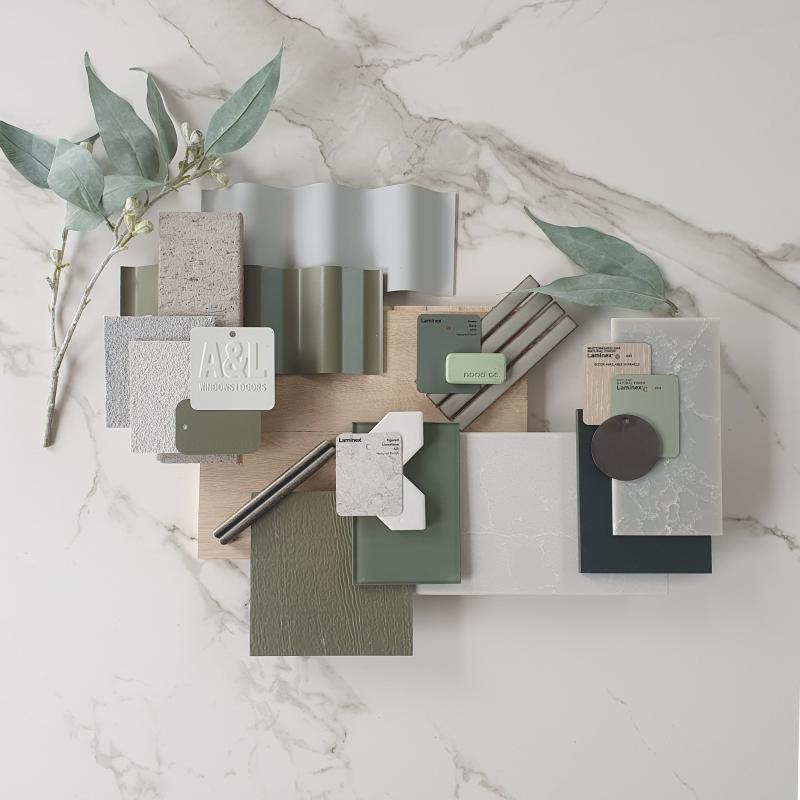 Flatlay incorporating COLORBOND® steel colours. A calming oasis inspired by the textures and colours of world around it. Flatlay: Rebecca Brown, Interior Designer at Burbank Homes, VIC