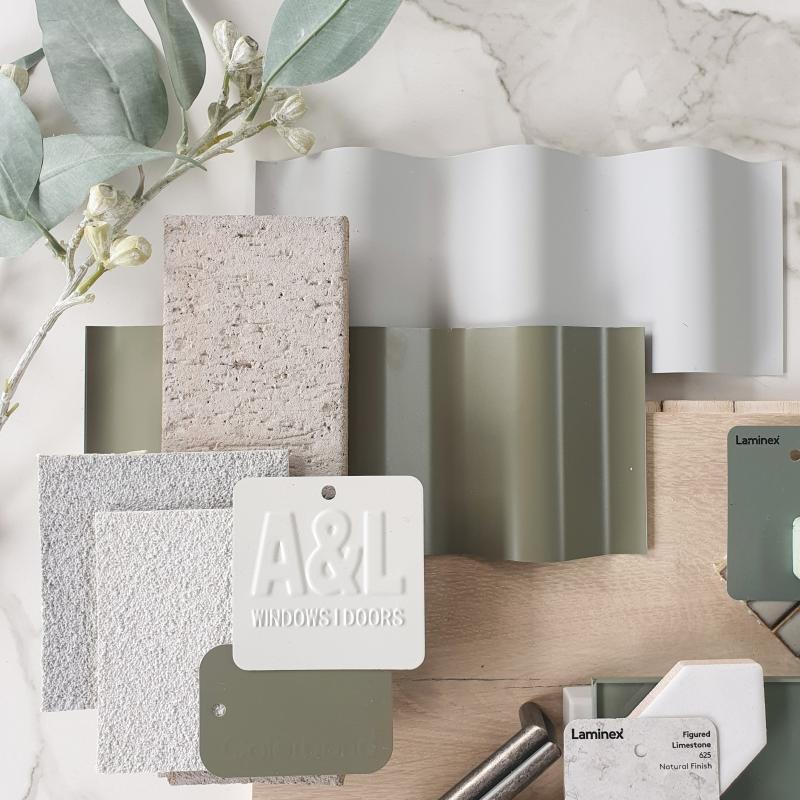 Flatlay incorporating COLORBOND® steel colours. A calming oasis inspired by the textures and colours of world around it. Flatlay: Rebecca Brown, Interior Designer at Burbank Homes, VIC