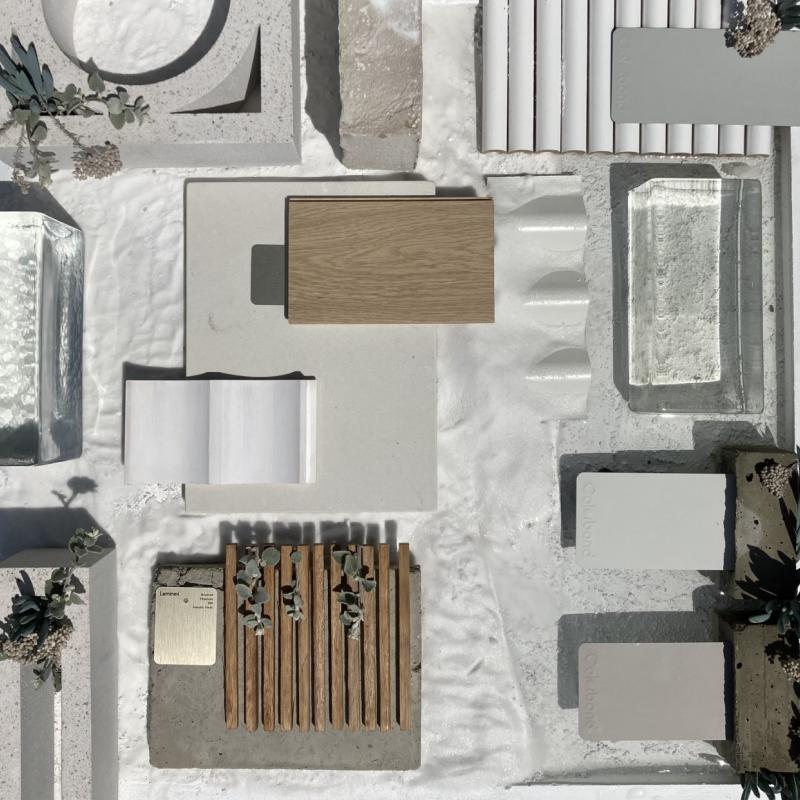 Pale Tones flatlay incorporating COLORBOND® steel. These pale tones are naturally inspired, light and equally at home on contemporary or heritage buildings. Photographer: Rebecca Love