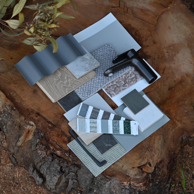 Flatlay incorporating COLORBOND® steel colours. Naturally inspired and evocative, these earthy mid tones pay tribute to our country’s quintessential palette and blend beautifully with the landscape. Photographer: Sandra Gage