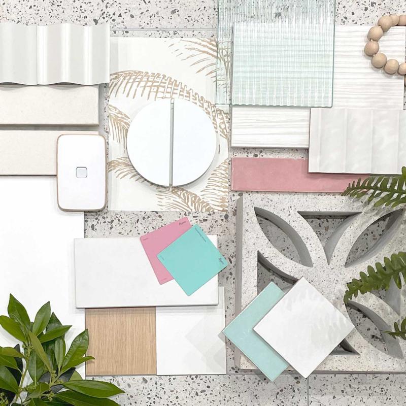 Pale Tones flatlay incorporating COLORBOND® steel. These pale tones are naturally inspired, light and equally at home on contemporary or heritage buildings. Photographer: Yana Wood
