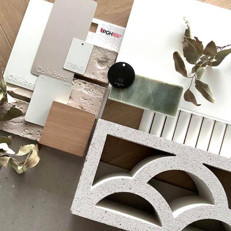 Belinda McDougall (Wisdom Homes) Flatlay using COLORBOND® steel Matt Dune® and Surfmist® as the starting point of this calm and grounding palette