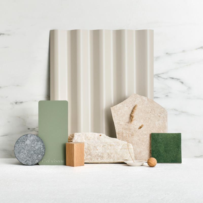 Pale Tone Flatlay with COLORBOND® steel Evening Haze® and Pale Eucalypt®
