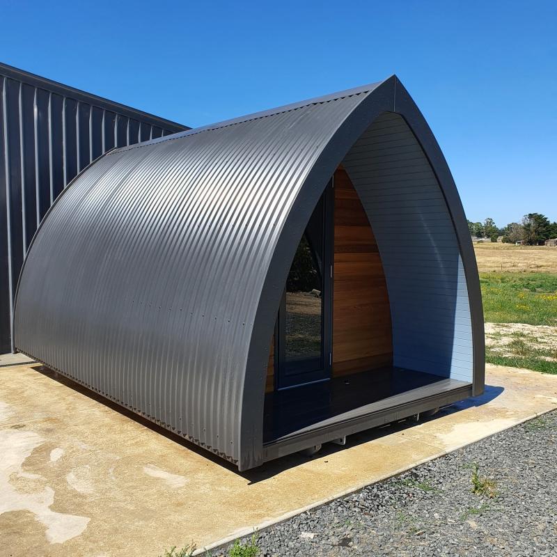 Ray from Mt Rowan, VIC loves glamping pods, clad in COLORBOND® steel colour Monument®