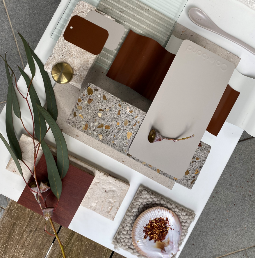 Pale Tones flatlay incorporating COLORBOND® steel. These pale tones are naturally inspired, light and equally at home on contemporary or heritage buildings. Photographer: Abbie O'Connor
