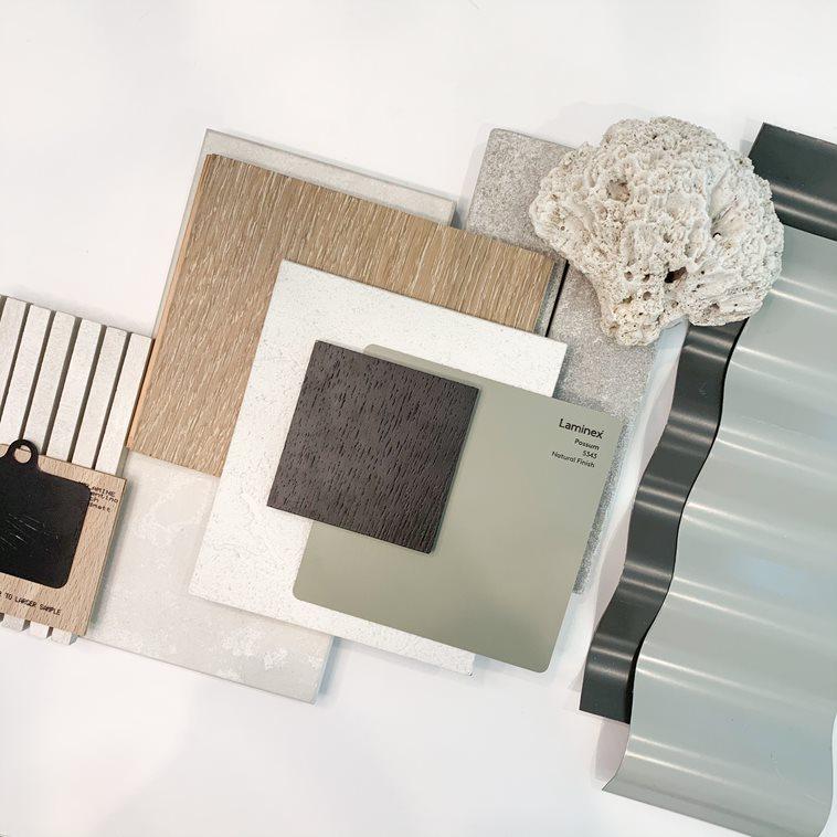 Eloise Meaney, Junior Interior Architect at Scott Salisbury Homes, SA Flatlay palette that features COLORBOND® steel in Cove®, Surfmist®, Monument® and Dune®.  Photographer:  Anna Kelly