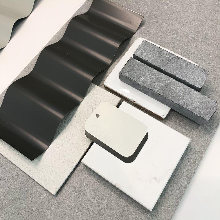 Eloise Meaney, Junior Interior Architect at Scott Salisbury Homes, SA Flatlay palette that features COLORBOND® steel in Cove®, Surfmist®, Monument® and Dune®.  Photographer:  Anna Kelly