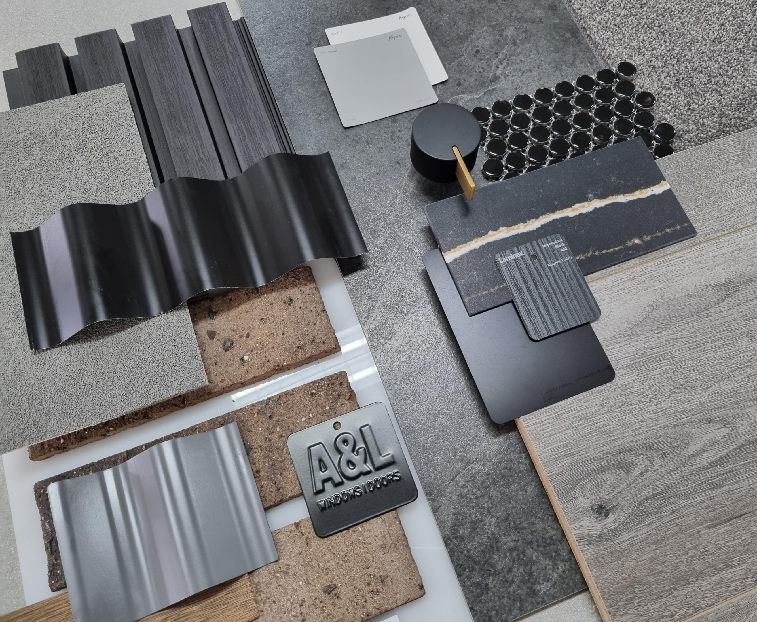 Deep Tones flatlay incorporating COLORBOND® steel. Deep tones, bold and dark, are increasingly popular in both urban and rural locations. Photographer: Ayla Div