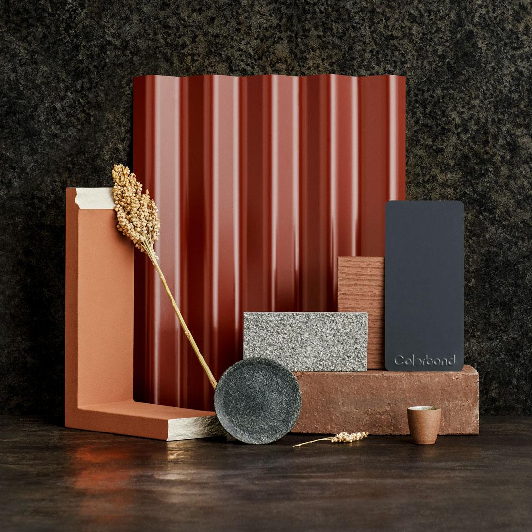 Deep Tone Flatlay with COLORBOND® steel in Manor Red® and Ironstone®