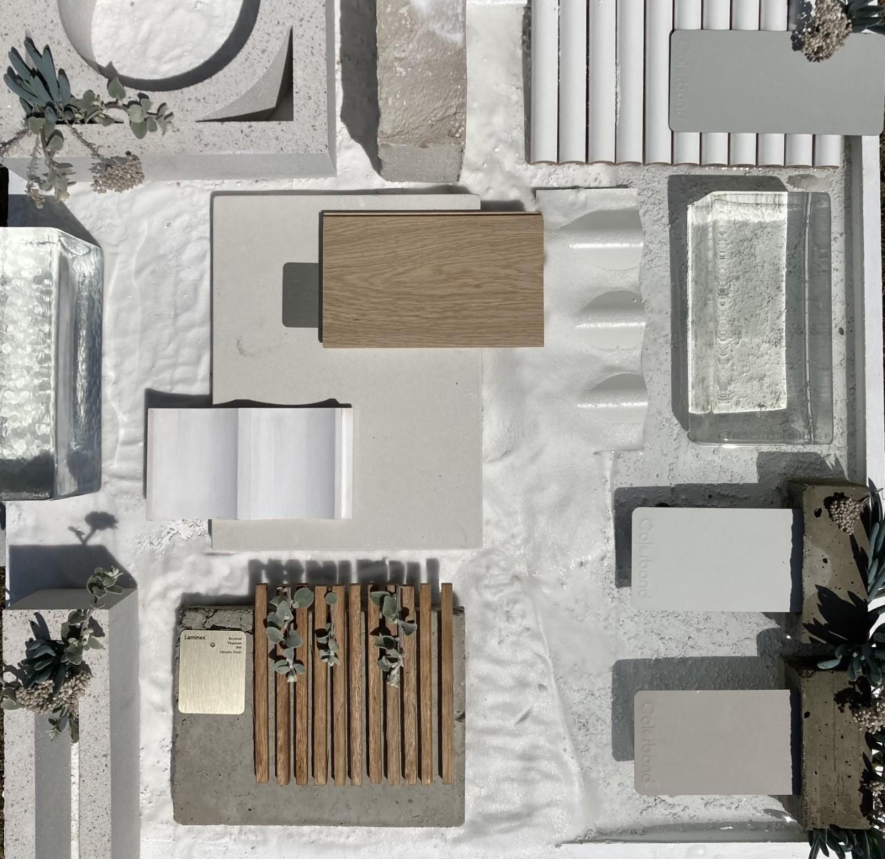 Pale Tones flatlay incorporating COLORBOND® steel. These pale tones are naturally inspired, light and equally at home on contemporary or heritage buildings. Photographer: Rebecca Love