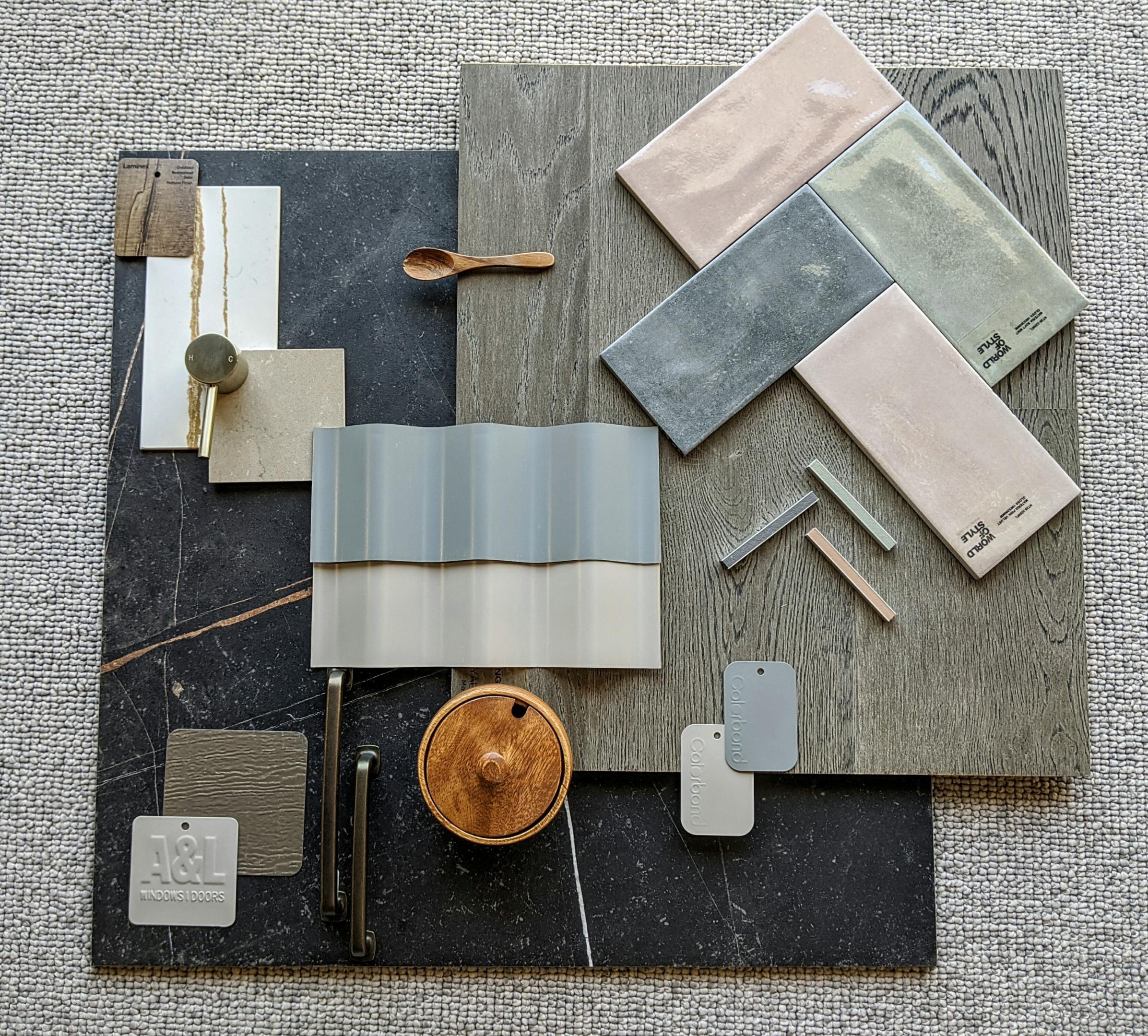 Flatlay incorporating COLORBOND® steel. Naturally inspired and evocative, these earthy mid tones pay tribute to our country’s quintessential palette and blend beautifully with the landscape. Photographer:Valeriya Chernishov