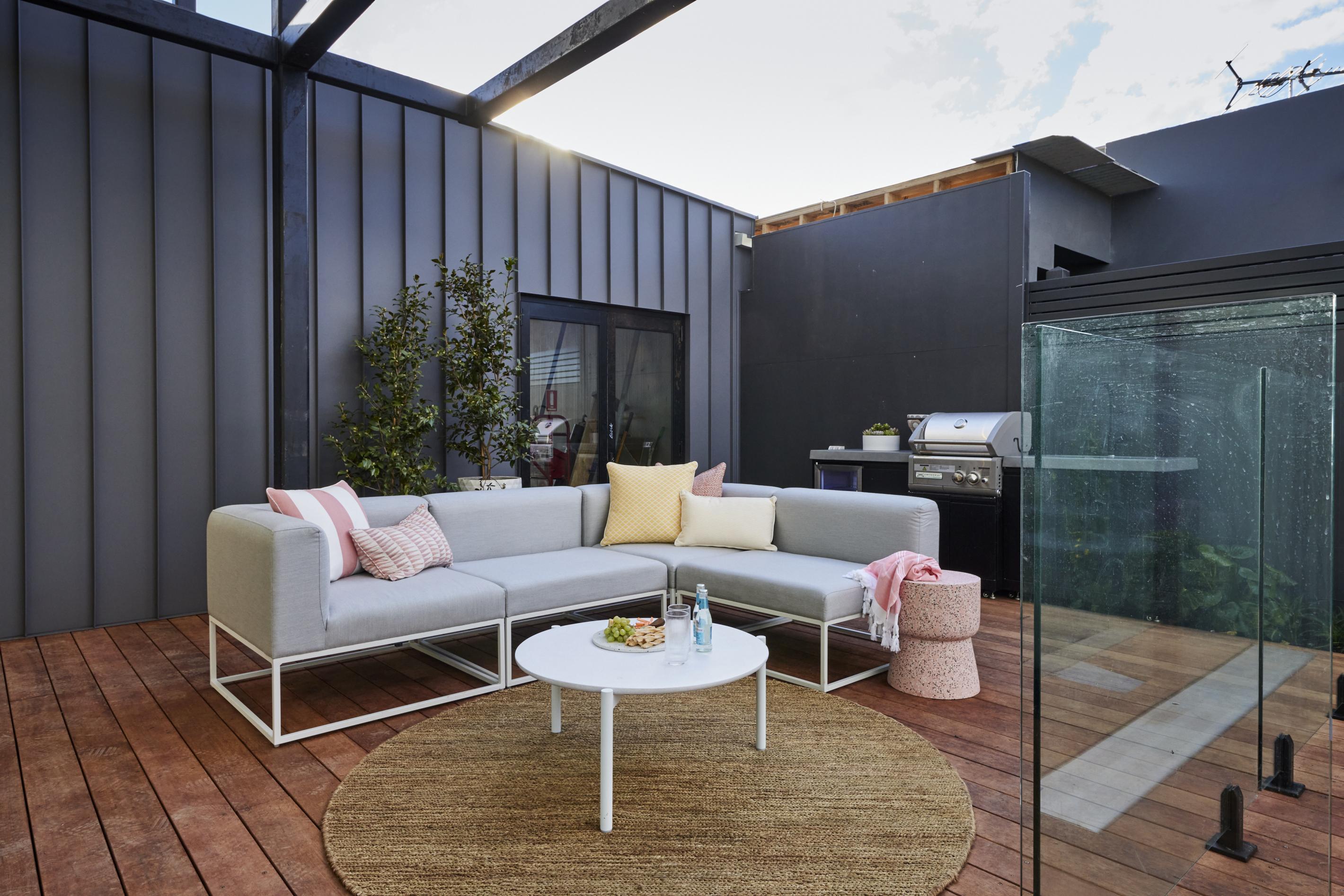 The Block 2021 Week 10 Garden. walling made from COLORBOND® steel in this outdoor entertaining terrace.