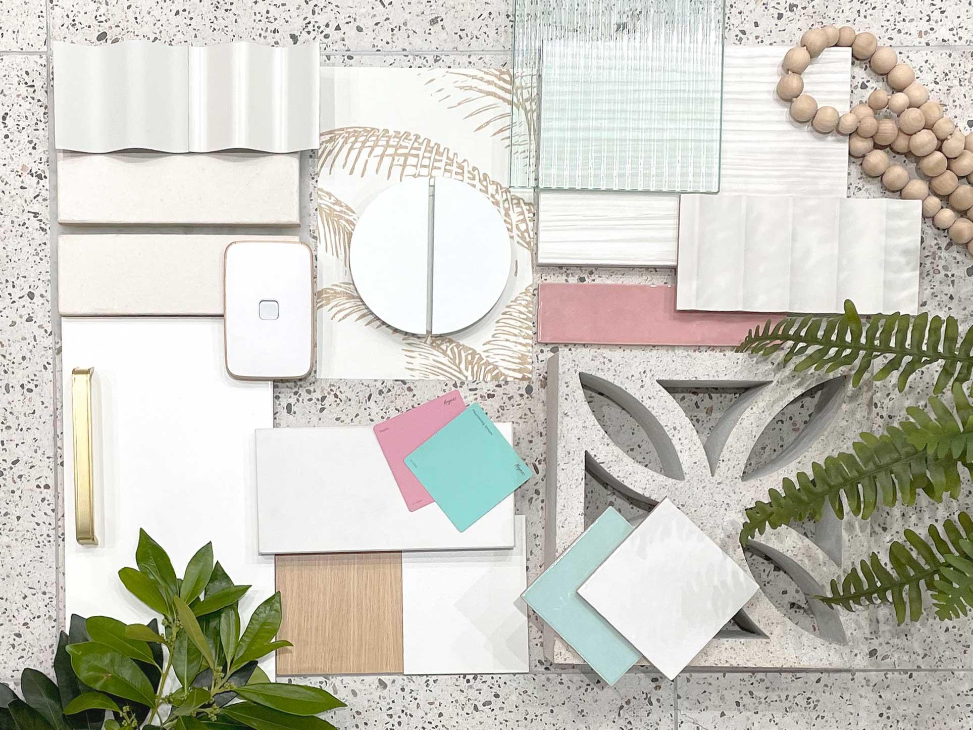 Pale Tones flatlay incorporating COLORBOND® steel. These pale tones are naturally inspired, light and equally at home on contemporary or heritage buildings. Photographer: Yana Wood