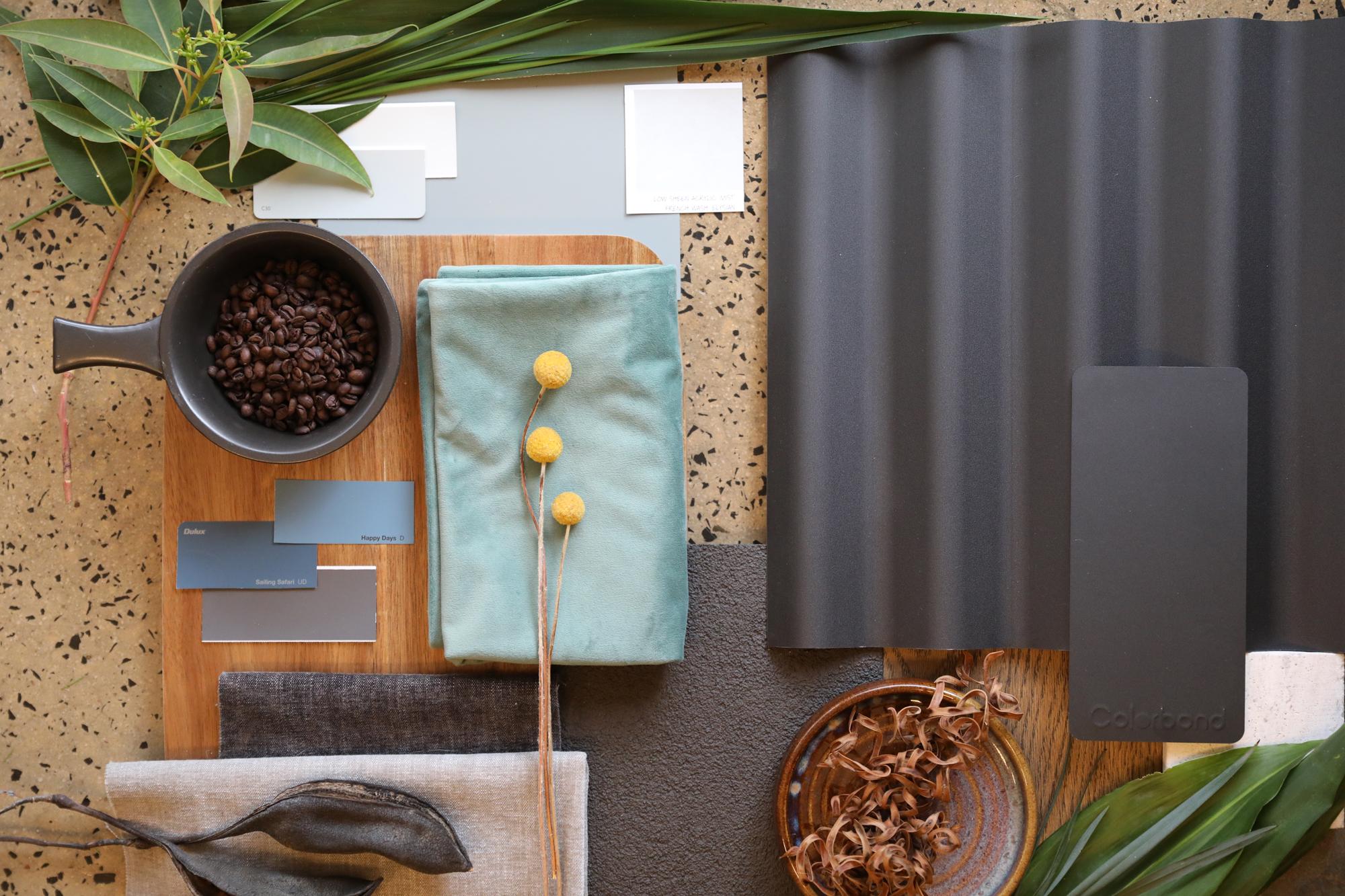 COLORBOND® steel. Urban Oasis. Flatlay inspiration board.