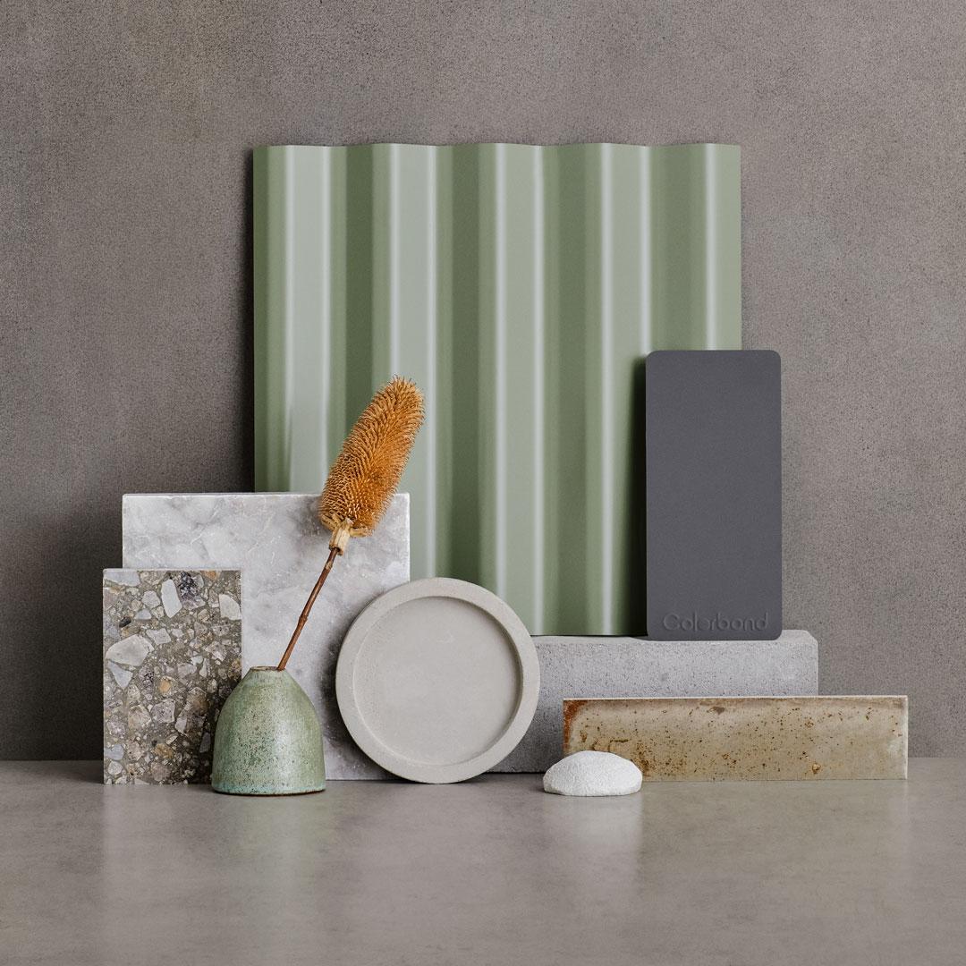 Mid Tone Flatlay with COLORBOND® steel Pale Eucalypt®  and Basalt® in a Matt FInish
