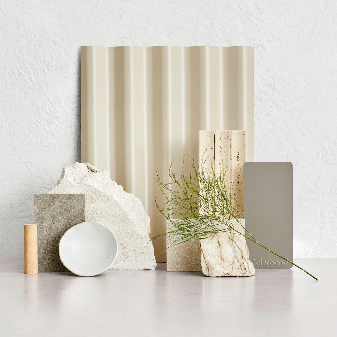 Pale Tone Flatlay with COLORBOND® steel Paperbark® and Gully®