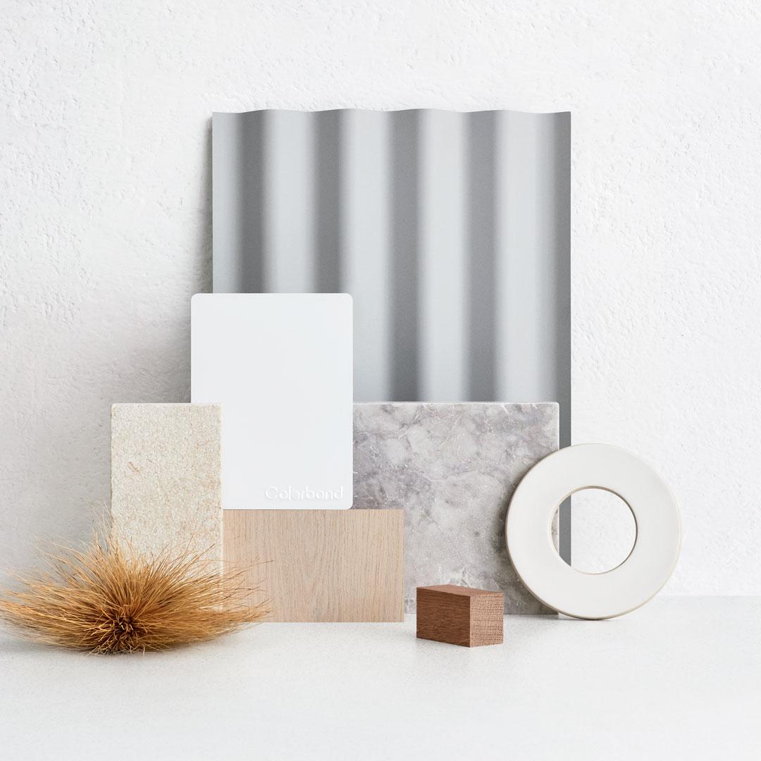 Pale Tone Flatlay with COLORBOND® steel Shale Grey™ Matt finish and Dover White™