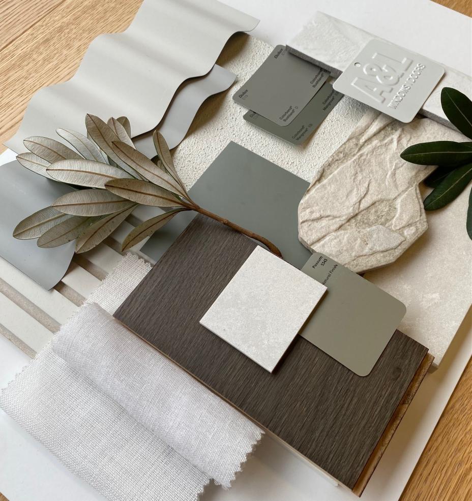 Flatlay incorporating COLORBOND® steel colours. This homage to the Gold Coast’s beach shacks of the 50’s has colours and textures inspired by the area’s native Banksia trees. ’Image by Hannah Rolfe.