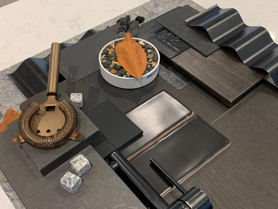 Deep Tones flatlay incorporating COLORBOND® steel. Deep tones, bold and dark, are increasingly popular in both urban and rural locations. Photographer: Isabella Grlj
