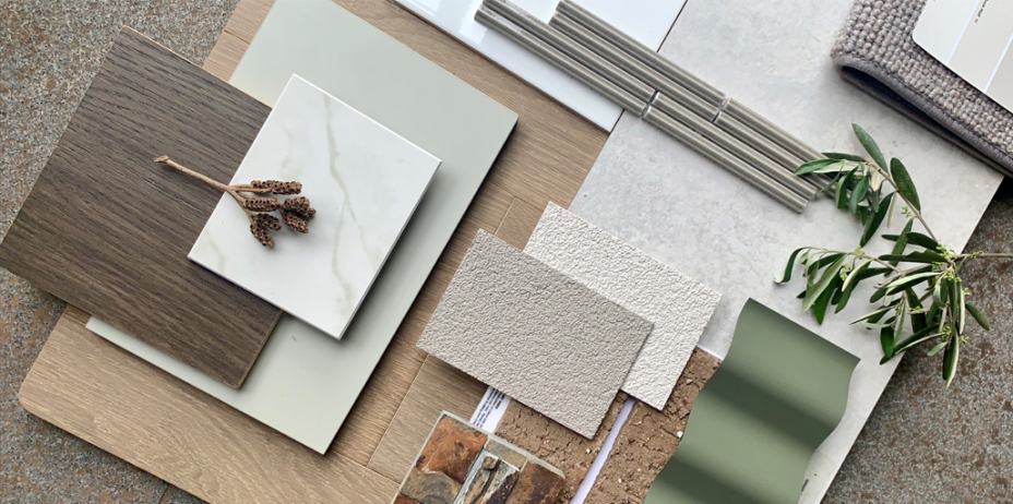 Emma Hussey, Interior Designer and Colour Consultant from Henley Homes explains the colour scheme behind her flatlay that pays homage to the Central Australian Landscape using COLORBOND® steel colour Dune® and Mangrove®.