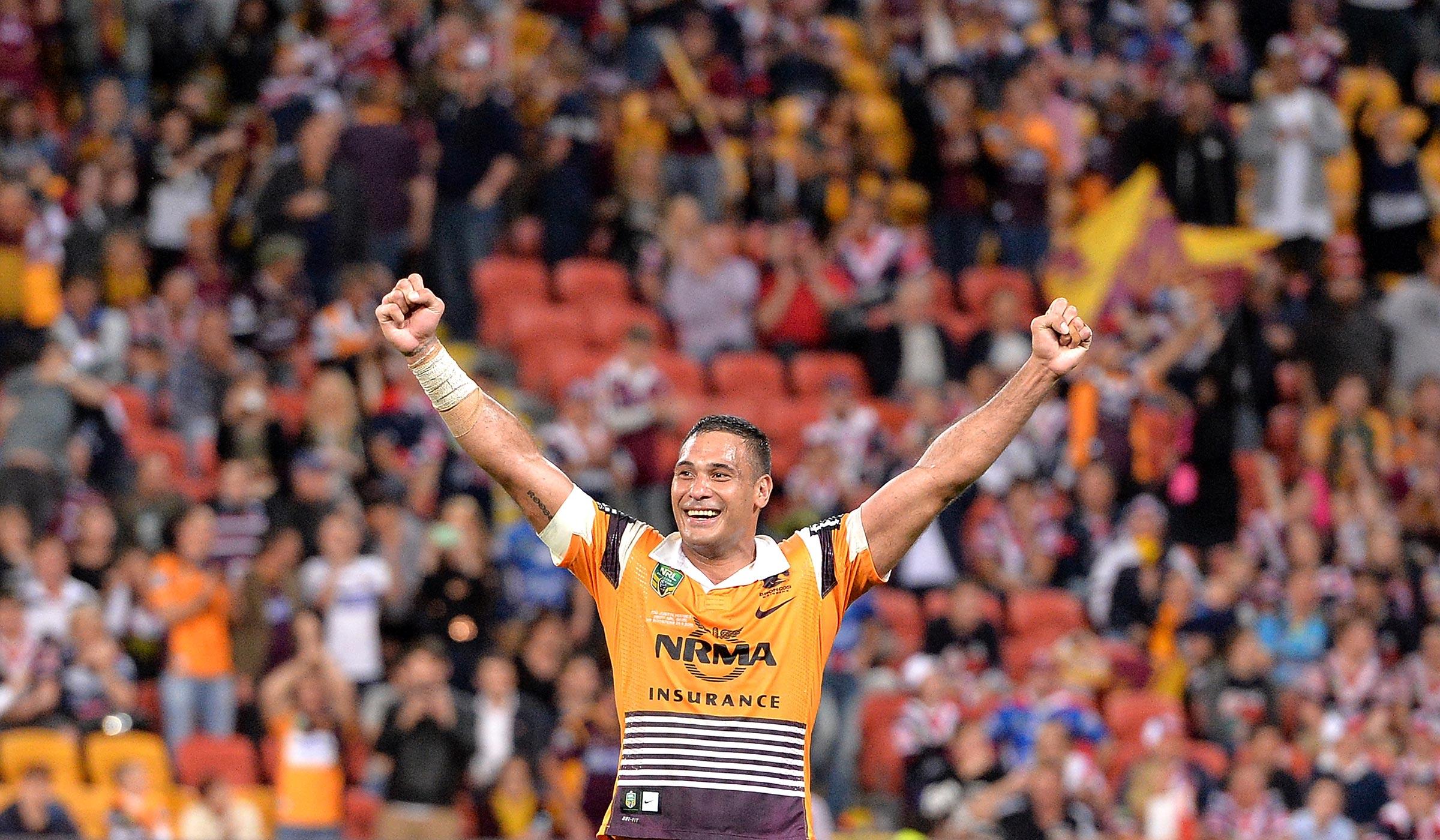 Justin Hodges of the Broncos celebrates victory after the NRL First Preliminary Final